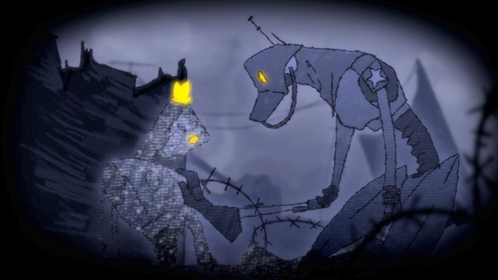 Grayscale robot and a glowing yellow butterfly