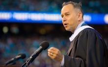 Jonas Rivera delivers the keynote speech at SF State’s 2016 Commencement at AT&T Park in San Francisco. Photo by Gino de Grandis.