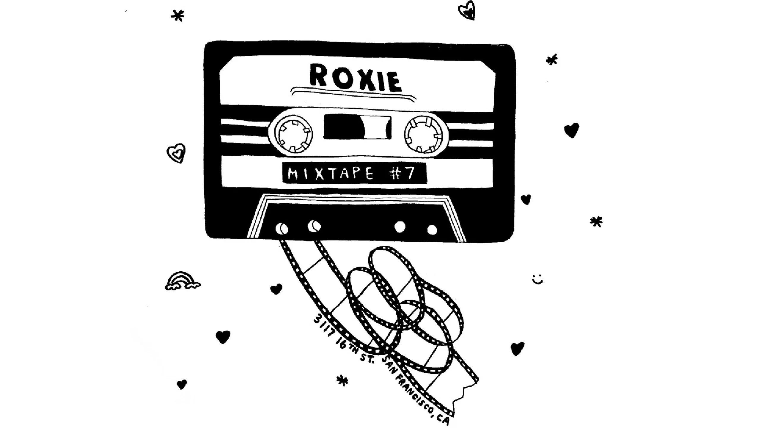 Black and white art of a cassette tape with "Roxie" on top