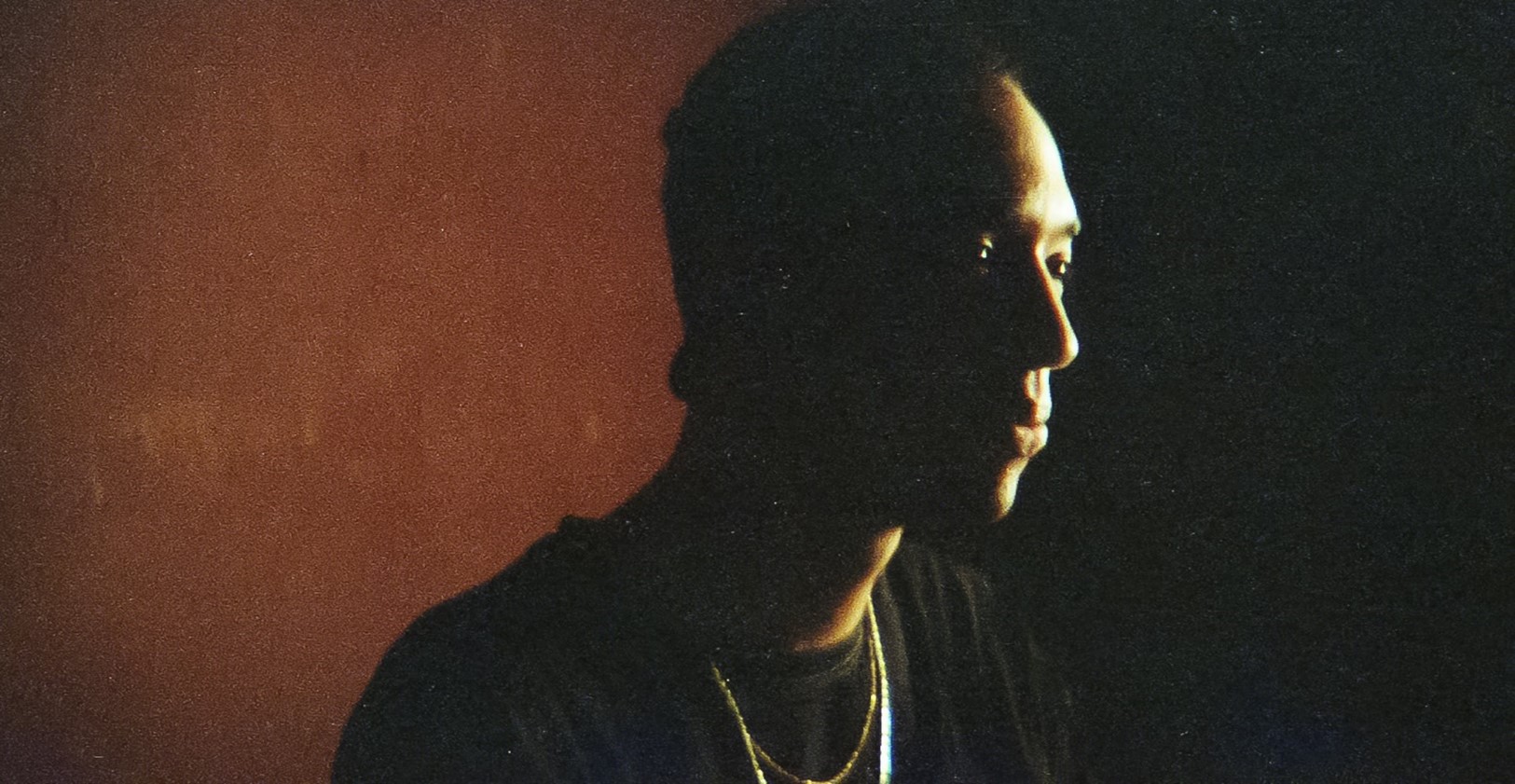 Medium close-up of a man with split lighting, with a reddish-brown background