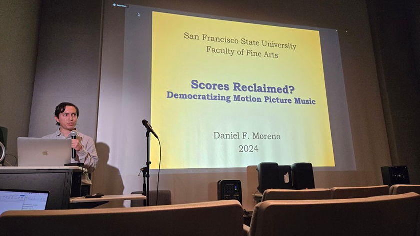 Daniel F. Moreno giving a presentation on "Scores Reclaimed? Democratizing Motion Picture Music"