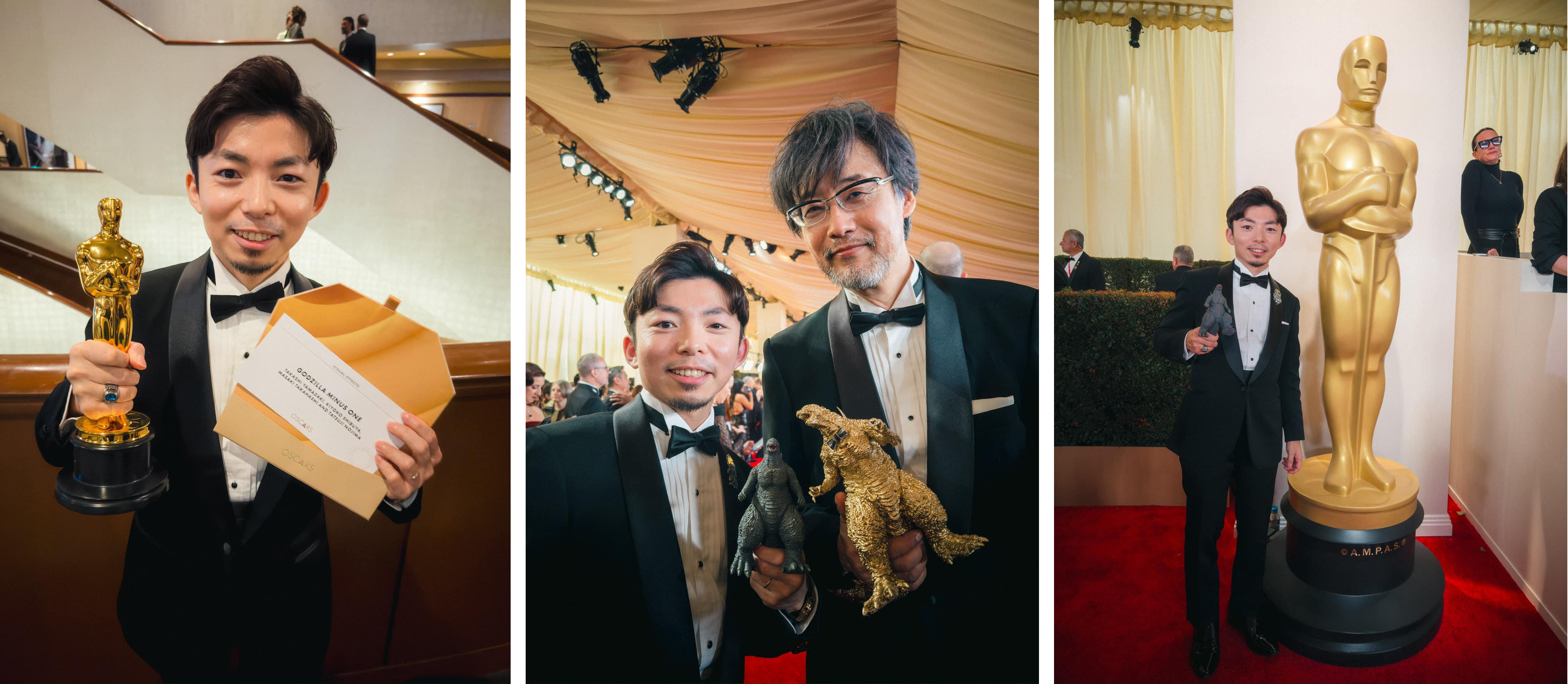 [1] Ryo holding award and Oscar envelope [2] Ryo with director Takashi Yamazaki [3] Ryo next to Oscars statue