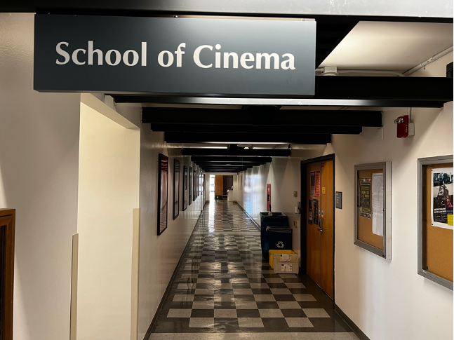 School of Cinema hallway with checkered flooring