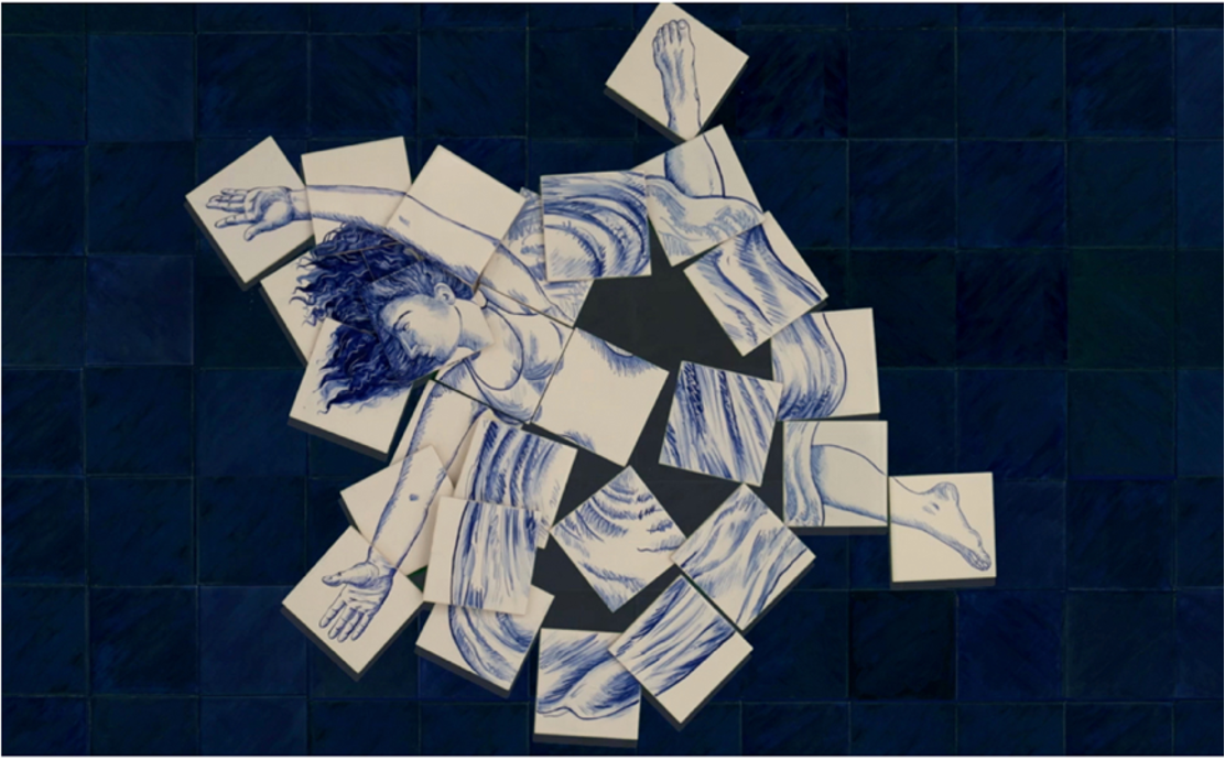 Blue sketch of a woman in a flowy skirt, the image fragmented as tiles