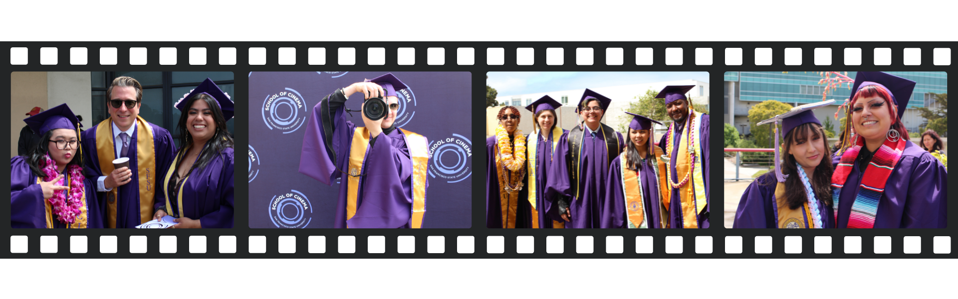 Cinema graduates in cap and gown with film strip border