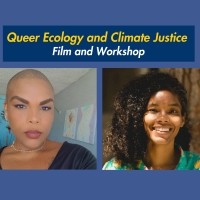 Blue flyer for the Queer Ecology Climate Justice Film Workshop