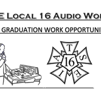 Illustration of audio engineer next to IATSE union logo